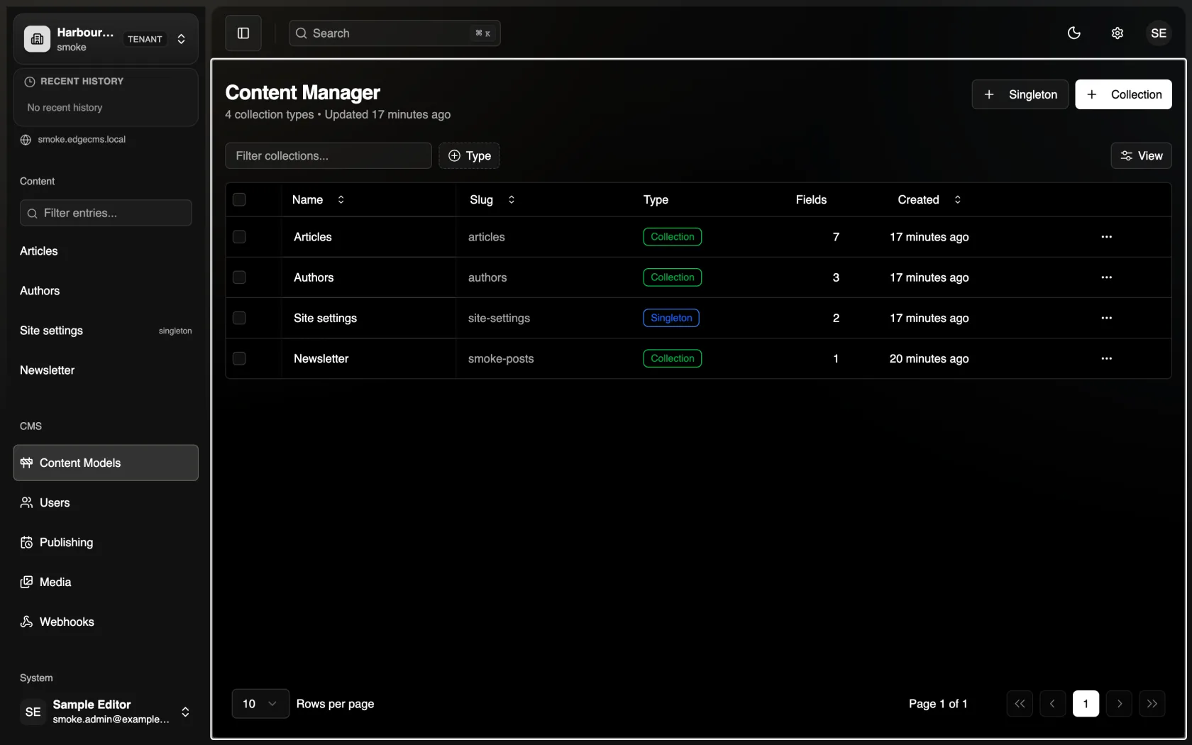 EdgeCMS content manager listing collections and a singleton