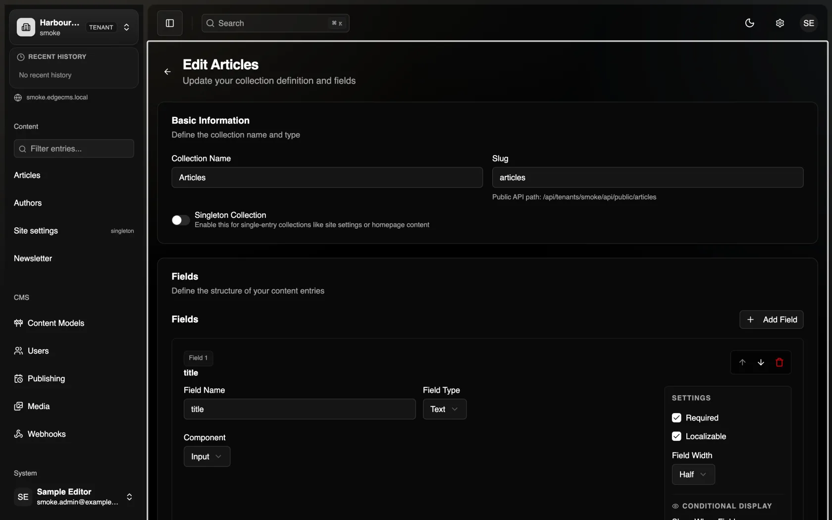 EdgeCMS collection editor defining typed, localizable fields